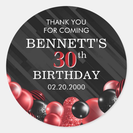 Sticker Rond Ballons Noir Rouge Anniversaire (Devant)
