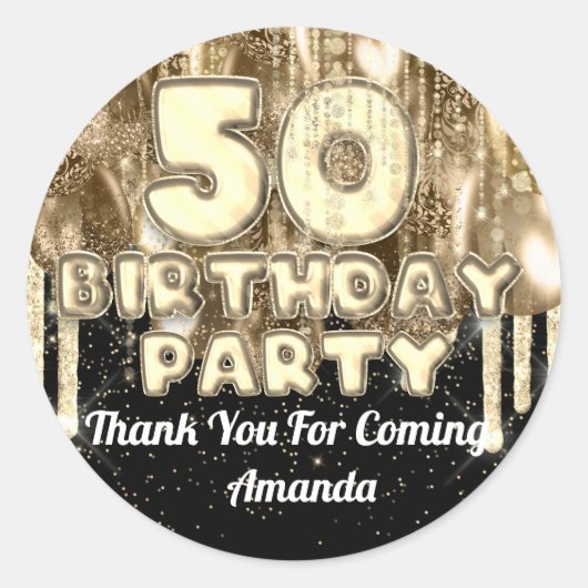 Sticker Rond Ballons or Gold pour 50 ans Merci pour nom (Devant)
