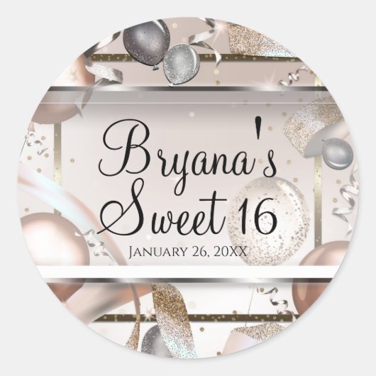 Sticker Rond Ballons Rose Gold et Paillettes Fête Sweet 16 (Devant)