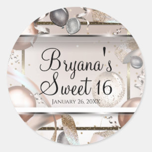 Sticker Rond Ballons Rose Gold Rose et Paillettes Fête Sweet 16