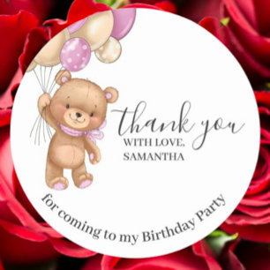 Sticker Rond Ballons ROSE Ours Teddy Anniversaire Merci