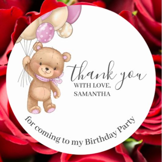 Sticker Rond Ballons ROSE Ours Teddy Anniversaire Merci