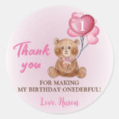 Sticker Rond Balloon d'ours rose Teddy 1er Anniversaire (Devant)