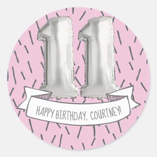 Sticker Rond Balloon rose et gris Filles 11e anniversaire (Devant)