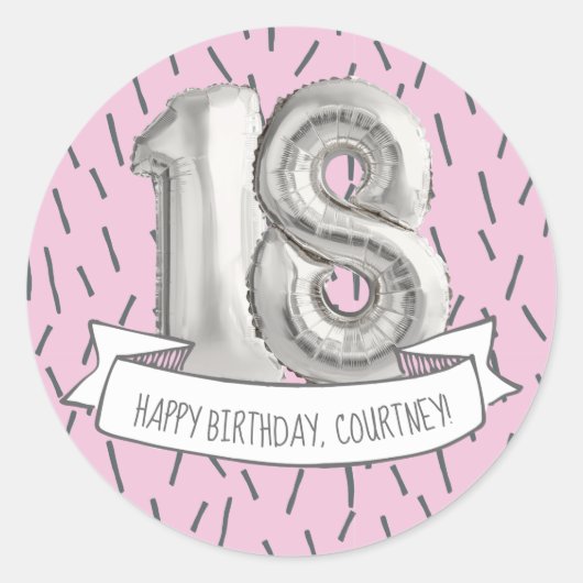 Sticker Rond Balloon rose et gris Filles 18e anniversaire (Devant)