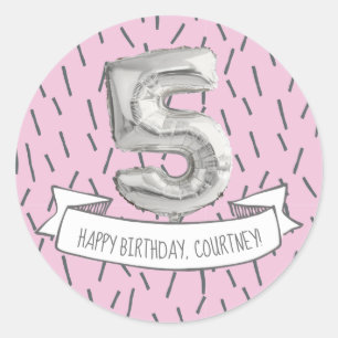 Sticker Rond Balloon rose et gris Filles 5e fête d'anniversaire
