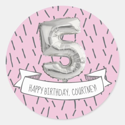 Sticker Rond Balloon rose et gris Filles 5e fête d'anniversaire (Devant)
