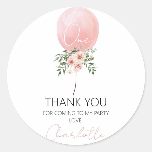 Sticker Rond Balloon rose floral premier Anniversaire Merci bât (Devant)