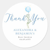 Sticker Rond Balloon Soft Greenery Dusty Blue Boy Baby Shower (Devant)