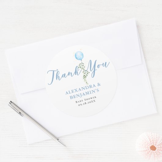 Sticker Rond Balloon Soft Greenery Dusty Blue Boy Baby Shower (Enveloppe)