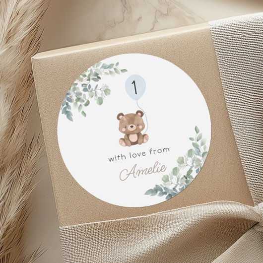 Sticker Rond Balloon vert Teddy Bear Premier Anniversaire Neutr