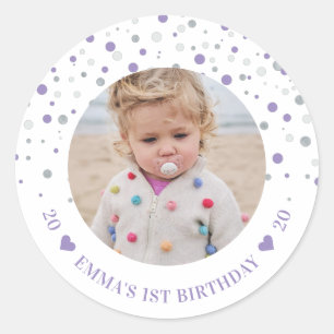 Sticker Rond Balloons Argent et Violet 1er Anniversaire Photo