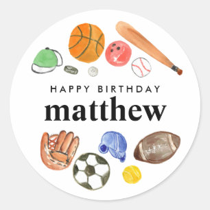 Sticker Rond Bals de sport mignonette garçon Joyeux anniversair