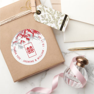 Sticker Rond Bambou rouge et gris Feuille Shuang Xi Mariage chi