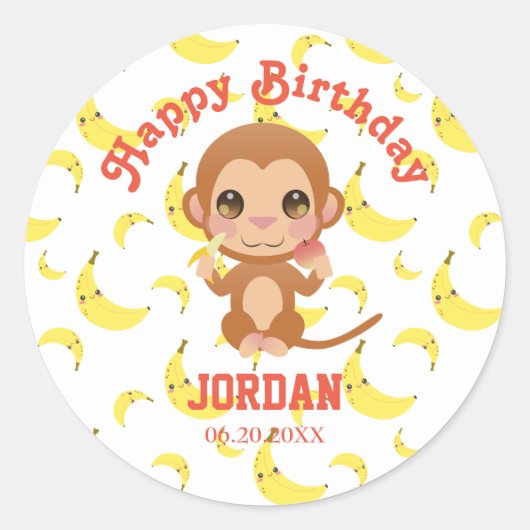 Sticker Rond Banana Baby Monkey Joyeux anniversaire (Devant)