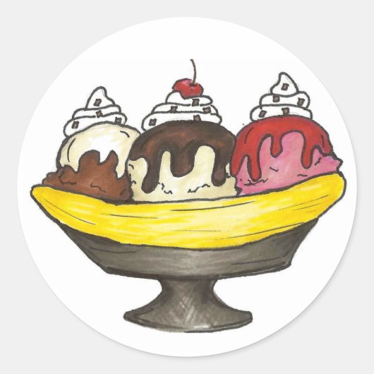 Sticker Rond Banana Split Glace Sundae Dessert Foin (Devant)