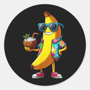Sticker Rond Banane portant des lunettes de soleil buvant un co