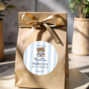 Sticker Rond Bande bleu rétro ours en peluche baby shower faveu