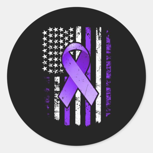 Sticker Rond Bande-ruban violet du cancer du drapeau américain (Devant)
