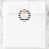 Sticker Rond Bandes blanches noires & fleurs roses mariage mode (Sac)