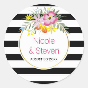 Sticker Rond Bandes blanches noires & fleurs roses mariage mode