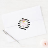 Sticker Rond Bandes blanches noires & fleurs roses mariage mode (Enveloppe)