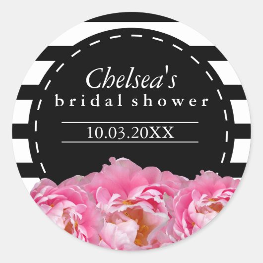 Sticker Rond Bandes noires et blanches avec fleurs roses (Devant)