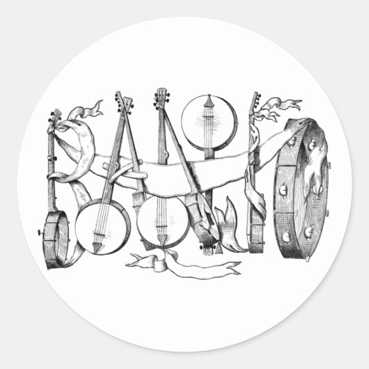 Sticker Rond banjo épelé avec banjos illustration art (Devant)