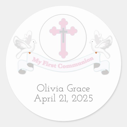 Sticker Rond Bannière de la première communion avec des colombe (Devant)