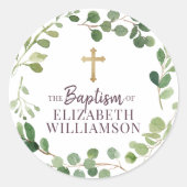 Sticker Rond Baptême Aquarelle Feuillage Croix Botanique Photo (Devant)