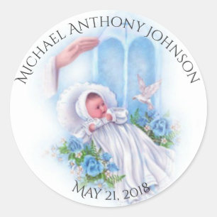 Sticker Rond Baptême Baby Boy Blue Flowers Croix
