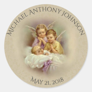Sticker Rond Baptême Baby Boy ou GIrl anges prier place