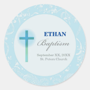 Sticker Rond Baptême bleu de garçon de dentelle