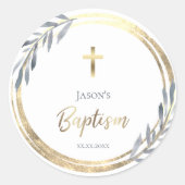 Sticker Rond Baptême bleu poussiéreux fausse feuille d'or (Devant)