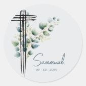 Sticker Rond Baptême Christening Boy Croix botanique moderne (Devant)