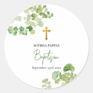 Sticker Rond Baptême Christening Garçon fille Aquarelle Verdure