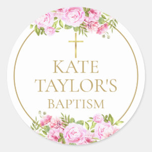 Sticker Rond Baptême Christening Rose Fleur Rose Favori