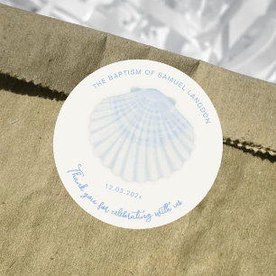Sticker Rond Baptême Coquillage bleu Merci