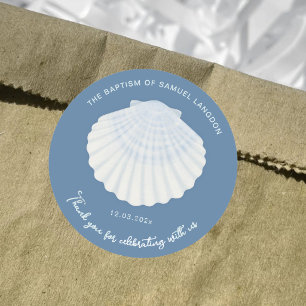 Sticker Rond Baptême Coquillage bleu Remerciement