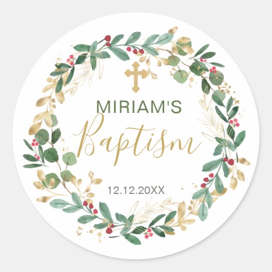 Sticker Rond Baptême croisé de feuillage vert or (Devant)