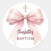 Sticker Rond Baptême croix de fille arc rose (Devant)