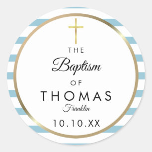 Sticker Rond Baptême croix dorée rayure bleue