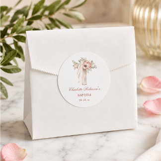 Sticker Rond Baptême croix florale rose poudré