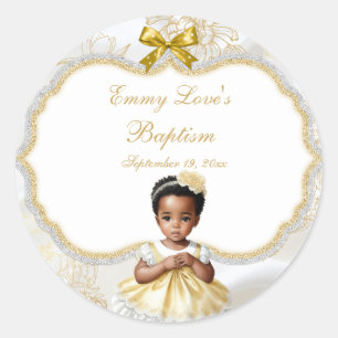 Sticker Rond Baptême de bébé fille Christening Blanc & Or