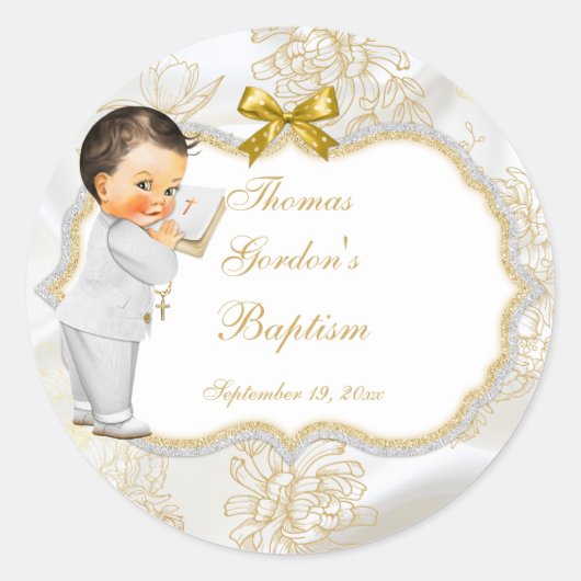 Sticker Rond Baptême de bébé garçon croix en or (Devant)