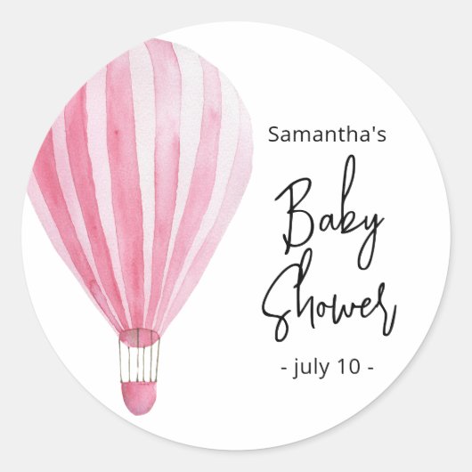 Sticker Rond Baptême de bébé montgolfière rose (Devant)