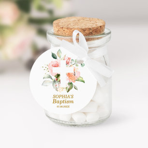 Sticker Rond Baptême de fille rose pâle et de croix blanche