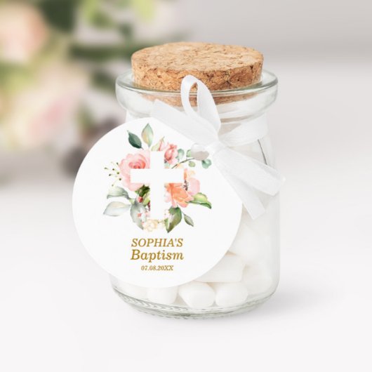 Sticker Rond Baptême de fille rose pâle et de croix blanche