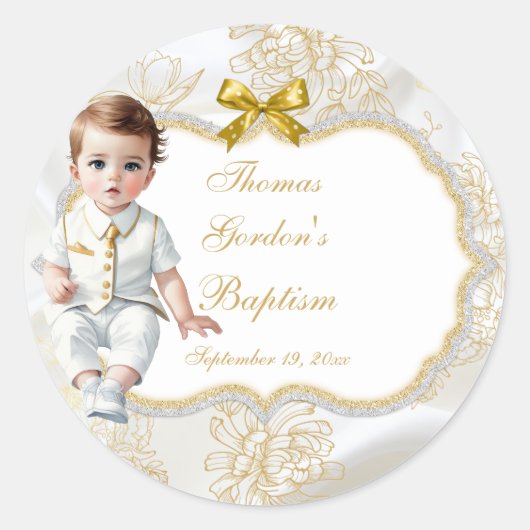 Sticker Rond Baptême de garçon, communion blanc et or (Devant)