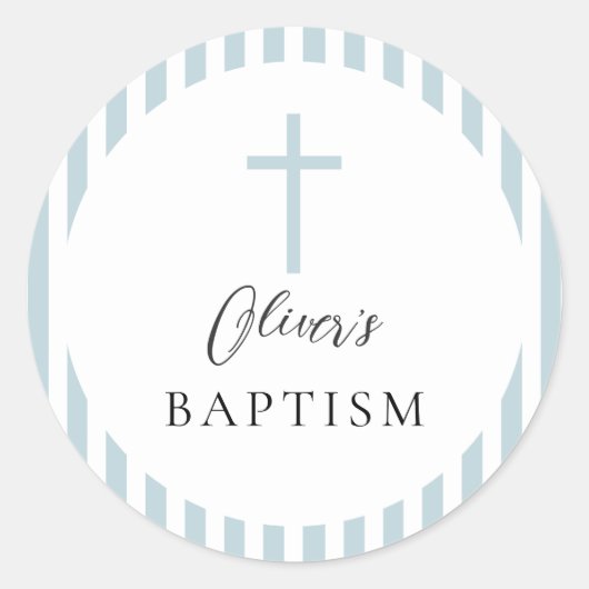 Sticker Rond Baptême de garçon rayé bleu blanc (Devant)
